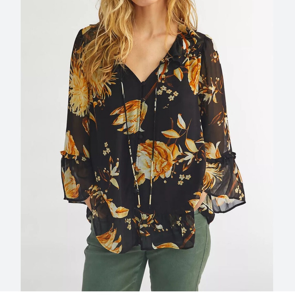 Anthropologie Black and Floral Ruffle Peasant Top Size Medium